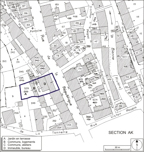 Plan-masse et de situation. Extrait du plan cadastral, 1980, section AI, échelle 1:1000. © André Céréza / Région Bourgogne-Franche-Comté, Inventaire du patrimoine - 2009
