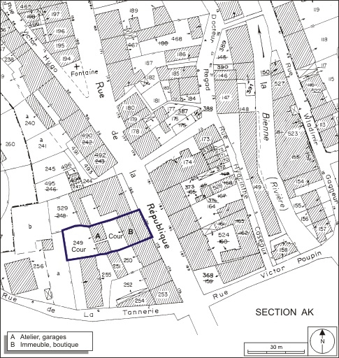 Plan-masse et de situation. Extrait du plan cadastral, 1980, section AI, échelle 1:1000. © André Céréza / Région Bourgogne-Franche-Comté, Inventaire du patrimoine - 2009