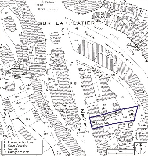 Plan-masse et de situation. Extrait du plan cadastral, 1980, section AI, échelle 1:1000. © André Céréza / Région Bourgogne-Franche-Comté, Inventaire du patrimoine - 2009