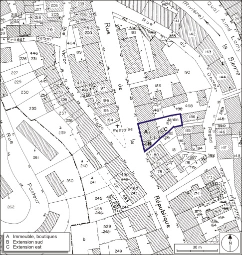 Plan-masse et de situation. Extrait du plan cadastral, 1980, section AI, échelle 1:1000. © André Céréza / Région Bourgogne-Franche-Comté, Inventaire du patrimoine - 2009