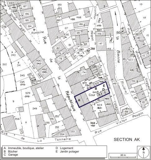 Plan-masse et de situation. Extrait du plan cadastral, 1980, section AI, échelle 1:1000. © André Céréza / Région Bourgogne-Franche-Comté, Inventaire du patrimoine - 2009