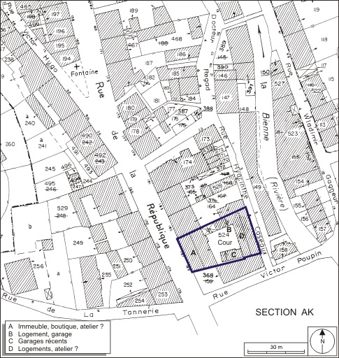 Plan-masse et de situation. Extrait du plan cadastral, 1980, section AI, échelle 1:1000. © André Céréza / Région Bourgogne-Franche-Comté, Inventaire du patrimoine - 2009