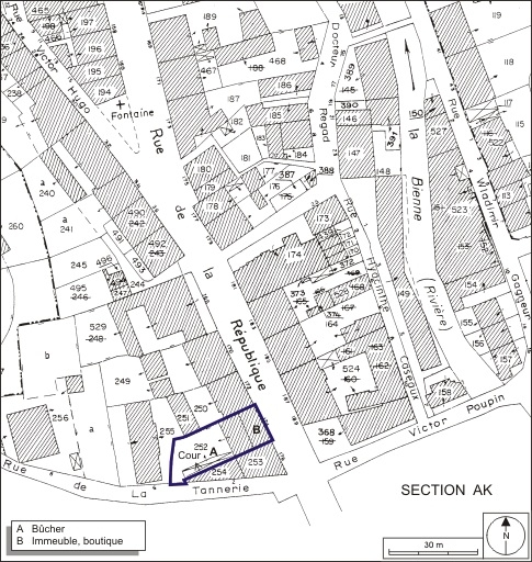 Plan-masse et de situation. Extrait du plan cadastral, 1980, section AI, échelle 1:1000. © André Céréza / Région Bourgogne-Franche-Comté, Inventaire du patrimoine - 2009