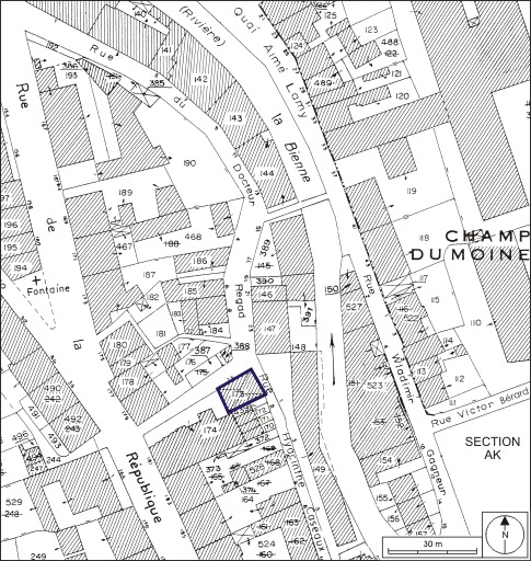 Plan-masse et de situation. Extrait du plan cadastral, 1980, section AI, échelle 1:1000. © André Céréza / Région Bourgogne-Franche-Comté, Inventaire du patrimoine - 2009