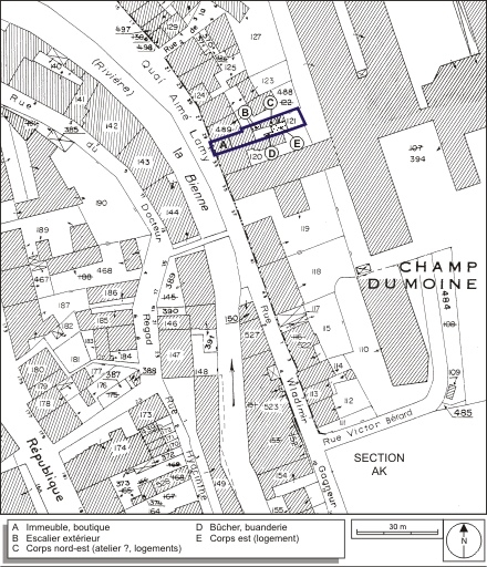 Plan-masse et de situation. Extrait du plan cadastral, 1980, section AI, échelle 1:1000. © André Céréza / Région Bourgogne-Franche-Comté, Inventaire du patrimoine - 2009