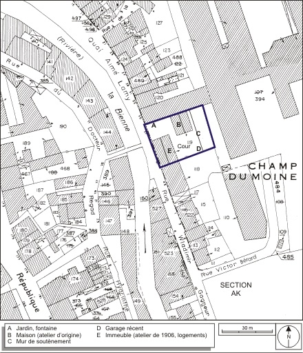 Plan-masse et de situation. Extrait du plan cadastral, 1980, section AI, échelle 1:1000. © André Céréza / Région Bourgogne-Franche-Comté, Inventaire du patrimoine - 2009 Plan-masse et de situation. Extrait du plan cadastral, 1980, section AI, échelle 1:1000. © André Céréza / Région Bourgogne-Franche-Comté, Inventaire du patrimoine - 2009