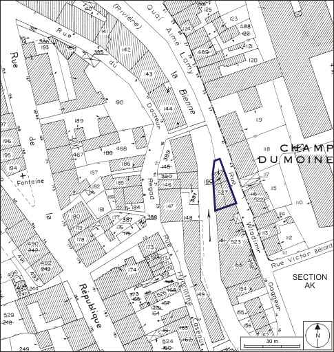 Plan-masse et de situation. Extrait du plan cadastral, 1980, section AI, échelle 1:1000. © André Céréza / Région Bourgogne-Franche-Comté, Inventaire du patrimoine - 2009