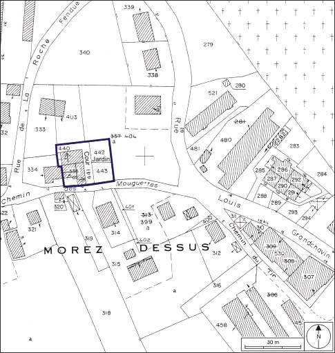 Plan-masse et de situation. Extrait du plan cadastral, 1980, section AI, échelle 1:1000. © André Céréza / Région Bourgogne-Franche-Comté, Inventaire du patrimoine - 2009
