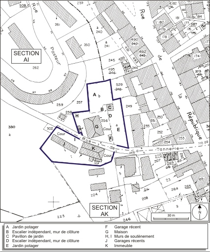 Plan-masse et de situation. Extrait du plan cadastral, 1980, sections AI et AK, échelle 1:1000. © André Céréza / Région Bourgogne-Franche-Comté, Inventaire du patrimoine - 2009