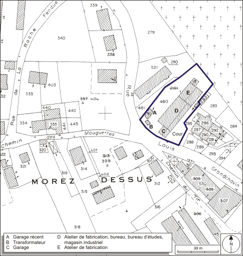 Plan-masse et de situation. Extrait du plan cadastral, 1980, section AI, échelle 1:1000. © André Céréza / Région Bourgogne-Franche-Comté, Inventaire du patrimoine - 2009