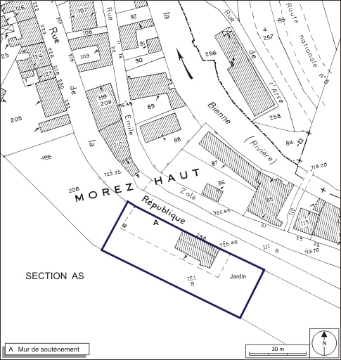 Plan-masse et de situation. Extrait du plan cadastral, 1980, section AK, échelle 1:1000. © André Céréza / Région Bourgogne-Franche-Comté, Inventaire du patrimoine - 2009 Plan-masse et de situation. Extrait du plan cadastral, 1980, section AK, échelle 1:1000. © André Céréza / Région Bourgogne-Franche-Comté, Inventaire du patrimoine - 2009