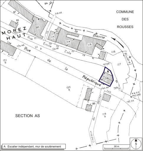 Plan-masse et de situation. Extrait du plan cadastral, 1980, section AK, échelle 1:1000. © André Céréza / Région Bourgogne-Franche-Comté, Inventaire du patrimoine - 2009