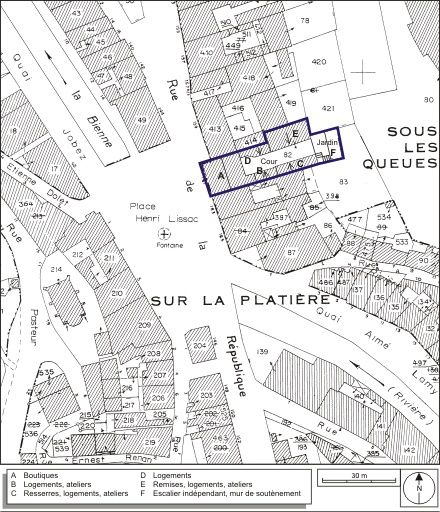 Plan-masse et de situation. Extrait du plan cadastral, 1980, section AI, échelle 1:1000. © André Céréza / Région Bourgogne-Franche-Comté, Inventaire du patrimoine - 2009 Plan-masse et de situation. Extrait du plan cadastral, 1980, section AI, échelle 1:1000. © André Céréza / Région Bourgogne-Franche-Comté, Inventaire du patrimoine - 2009