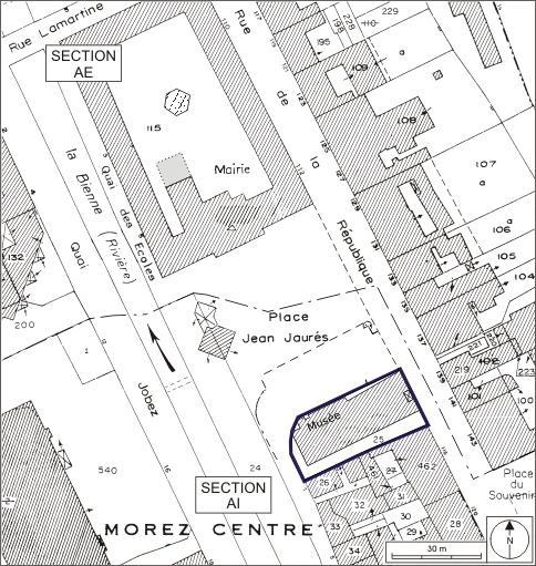 Plan-masse et de situation. Extrait du plan cadastral, 1980, section AI, échelle 1:1000. © André Céréza / Région Bourgogne-Franche-Comté, Inventaire du patrimoine - 2009 Plan-masse et de situation. Extrait du plan cadastral, 1980, section AI, échelle 1:1000. © André Céréza / Région Bourgogne-Franche-Comté, Inventaire du patrimoine - 2009