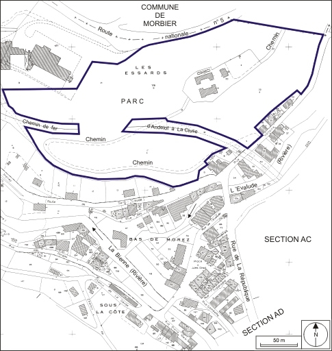 Plan de situation. Extrait du plan cadastral, 1980, section AB, échelle 1:1000 réduite à 1:2500. © André Céréza / Région Bourgogne-Franche-Comté, Inventaire du patrimoine - 2009