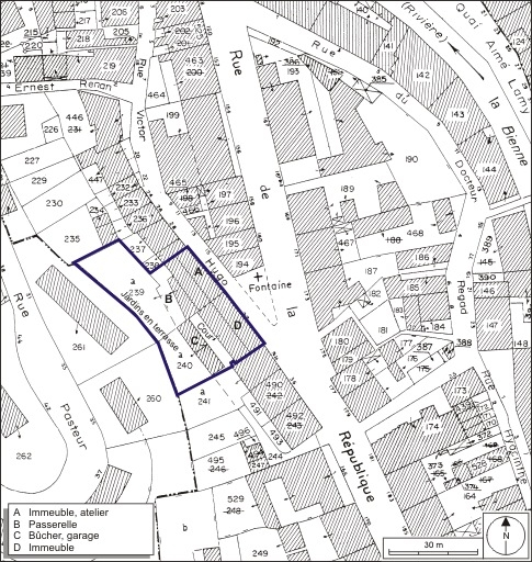 Plan-masse et de situation. Extrait du plan cadastral, 1980, section AI, échelle 1:1000. © André Céréza / Région Bourgogne-Franche-Comté, Inventaire du patrimoine - 2009