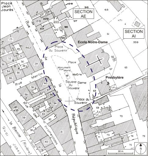 Plan de situation. Extrait du plan cadastral, 1980, sections AI et AE, échelle 1:1000. © André Céréza / Région Bourgogne-Franche-Comté, Inventaire du patrimoine - 2009