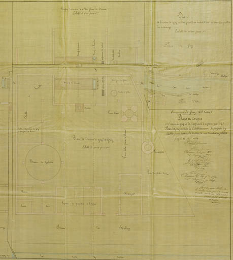 Plan et coupes de l'usine à gaz et de l'appareil à vapeur que Mr Bardot, propriétaire de l'établissement, se propose d'y établir pour servir de moteur à un moulin à plâtre [vue d'ensemble]. © Jérôme Mongreville / Région Bourgogne-Franche-Comté, Inventaire du patrimoine - 2009