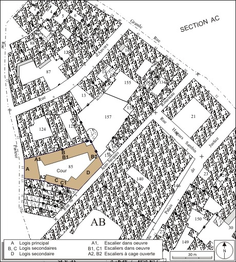 Plan masse et de situation. Extrait du plan cadastral, 1974, section AB. © André Céréza / Région Bourgogne-Franche-Comté, Inventaire du patrimoine - 2010