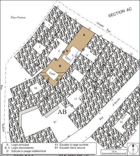 Plan masse et de situation. Extrait du plan cadastral, 1974, section AB. © André Céréza / Région Bourgogne-Franche-Comté, Inventaire du patrimoine - 2010