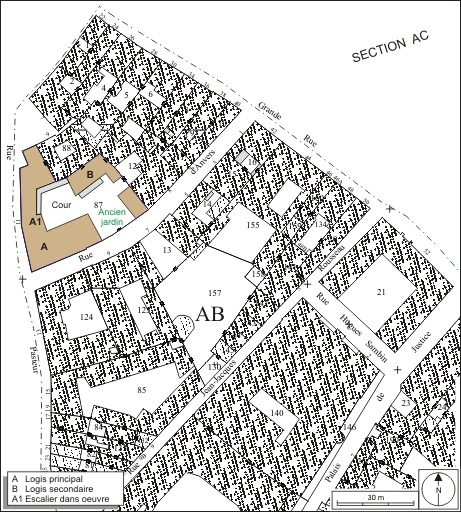 Plan masse et de situation. Extrait du plan cadastral, 1974, section AB. © André Céréza / Région Bourgogne-Franche-Comté, Inventaire du patrimoine - 2010