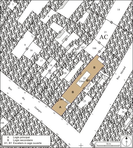 Plan masse et de situation. Extrait du plan cadastral, 1974, section AC. © André Céréza / Région Bourgogne-Franche-Comté, Inventaire du patrimoine - 2010