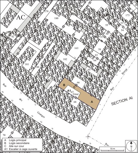 Plan masse et de situation. Extrait du plan cadastral, 1974, section AC. © André Céréza / Région Bourgogne-Franche-Comté, Inventaire du patrimoine - 2010