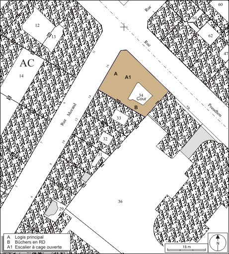 Plan masse et de situation. Extrait du plan cadastral, 1974, section AC. © André Céréza / Région Bourgogne-Franche-Comté, Inventaire du patrimoine - 2010