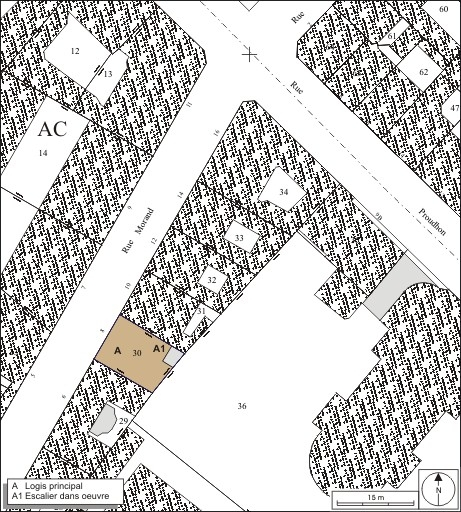 Plan masse et de situation. Extrait du plan cadastral, 1974, section AC. © André Céréza / Région Bourgogne-Franche-Comté, Inventaire du patrimoine - 2010