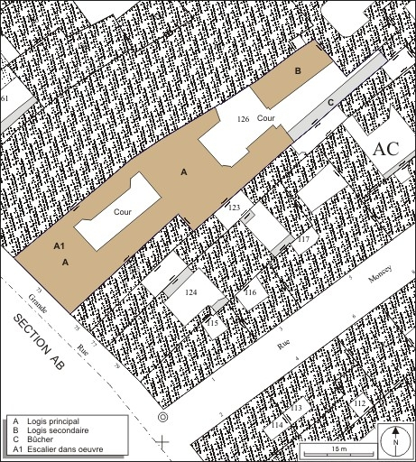 Plan masse et de situation. Extrait du plan cadastral, 1974, section AC. © André Céréza / Région Bourgogne-Franche-Comté, Inventaire du patrimoine - 2010