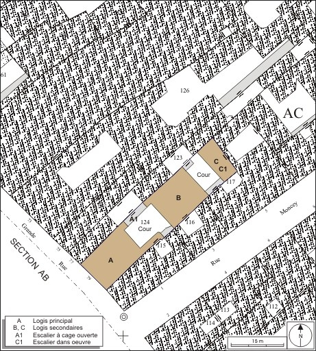 Plan masse et de situation. Extrait du plan cadastral, 1974, section AC. © André Céréza / Région Bourgogne-Franche-Comté, Inventaire du patrimoine - 2010