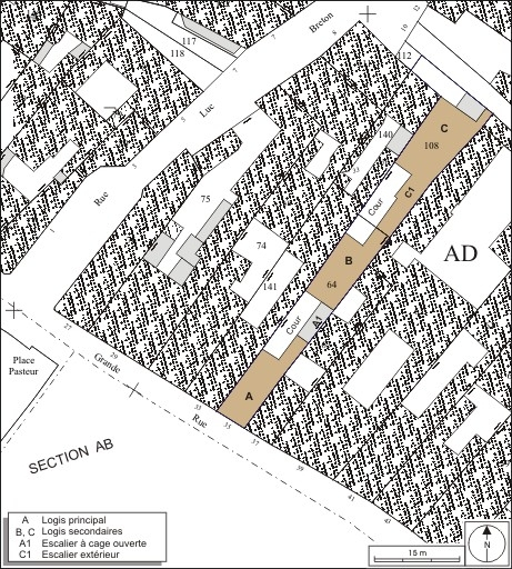 Plan masse et de situation. Extrait du plan cadastral, 1974, section AD. © André Céréza / Région Bourgogne-Franche-Comté, Inventaire du patrimoine - 2010