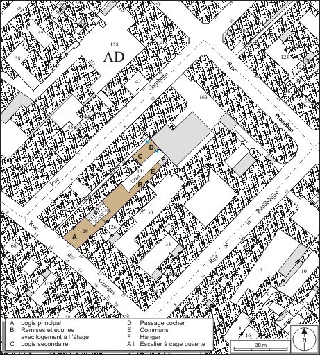 Plan masse et de situation. Extrait du plan cadastral, 1974, section AD. © André Céréza / Région Bourgogne-Franche-Comté, Inventaire du patrimoine - 2010