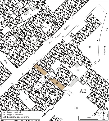 Plan masse et de situation. Extrait du plan cadastral, 1974, section AE. © André Céréza / Région Bourgogne-Franche-Comté, Inventaire du patrimoine - 2010