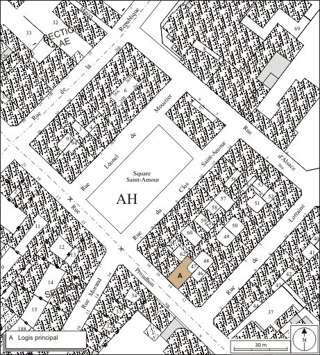 Plan masse et de situation. Extrait du plan cadastral, 1974, section AH. © André Céréza / Région Bourgogne-Franche-Comté, Inventaire du patrimoine - 2010