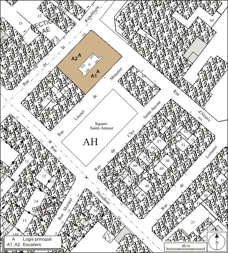 Plan masse et de situation. Extrait du plan cadastral, 1974, section AH. © André Céréza / Région Bourgogne-Franche-Comté, Inventaire du patrimoine - 2010