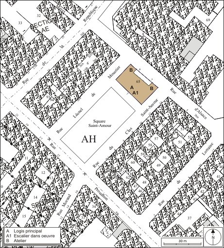 Plan masse et de situation. Extrait du plan cadastral, 1974, section AH. © André Céréza / Région Bourgogne-Franche-Comté, Inventaire du patrimoine - 2010 Plan masse et de situation. Extrait du plan cadastral, 1974, section AH. © André Céréza / Région Bourgogne-Franche-Comté, Inventaire du patrimoine - 2010