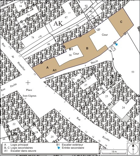 Plan masse et de situation. Extrait du plan cadastral, 1974, section AK. © André Céréza / Région Bourgogne-Franche-Comté, Inventaire du patrimoine - 2010