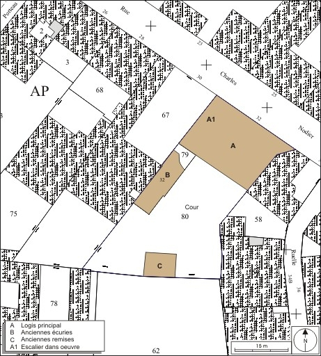 Plan masse et de situation. Extrait du plan cadastral, 1974, section AP. © André Céréza / Région Bourgogne-Franche-Comté, Inventaire du patrimoine - 2010