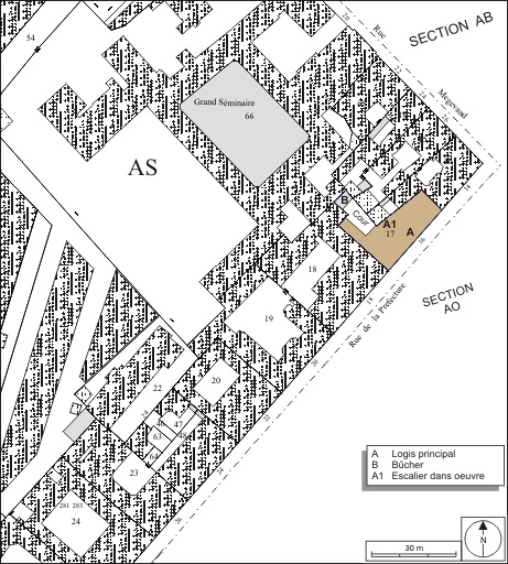 Plan masse et de situation. Extrait du plan cadastral, 1974, section AS. © André Céréza / Région Bourgogne-Franche-Comté, Inventaire du patrimoine - 2010
