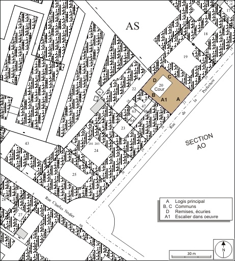 Plan masse et de situation. Extrait du plan cadastral, 1974, section AS. © André Céréza / Région Bourgogne-Franche-Comté, Inventaire du patrimoine - 2010