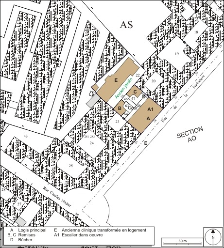 Plan masse et de situation. Extrait du plan cadastral, 1974, section AS. © André Céréza / Région Bourgogne-Franche-Comté, Inventaire du patrimoine - 2010