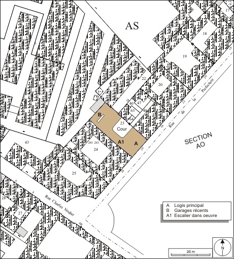 Plan masse et de situation. Extrait du plan cadastral, 1974, section AS. © André Céréza / Région Bourgogne-Franche-Comté, Inventaire du patrimoine - 2010