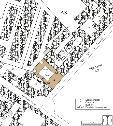 Plan masse et de situation. Extrait du plan cadastral, 1974, section AS. © André Céréza / Région Bourgogne-Franche-Comté, Inventaire du patrimoine - 2010