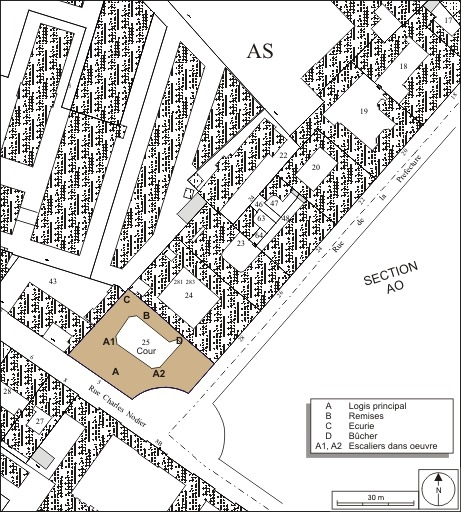 Plan masse et de situation. Extrait du plan cadastral, 1974, section AS. © André Céréza / Région Bourgogne-Franche-Comté, Inventaire du patrimoine - 2010