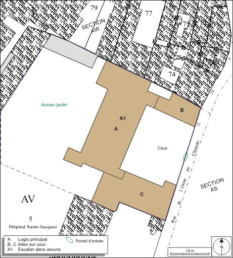 Plan masse et de situation. Extrait du plan cadastral, 1974, section AV. © André Céréza / Région Bourgogne-Franche-Comté, Inventaire du patrimoine - 2010