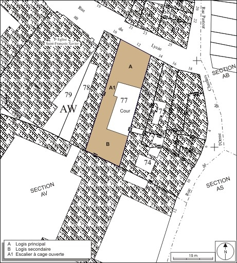 Plan masse et de situation. Extrait du plan cadastral, 1974, section AW. © André Céréza / Région Bourgogne-Franche-Comté, Inventaire du patrimoine - 2010