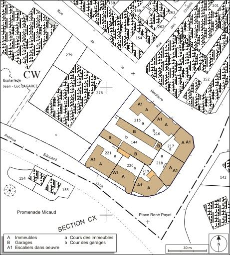 Plan masse et de situation. Extrait du plan cadastral, 1974, section CW. © André Céréza / Région Bourgogne-Franche-Comté, Inventaire du patrimoine - 2010