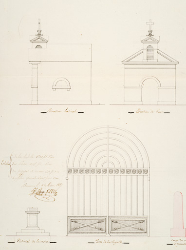 [Détail du plan général] Elévation latérale. Elévation de face. Piedestal de la croix. Porte de la chapelle. © Jérôme Mongreville / Région Bourgogne-Franche-Comté, Inventaire du patrimoine - 2010