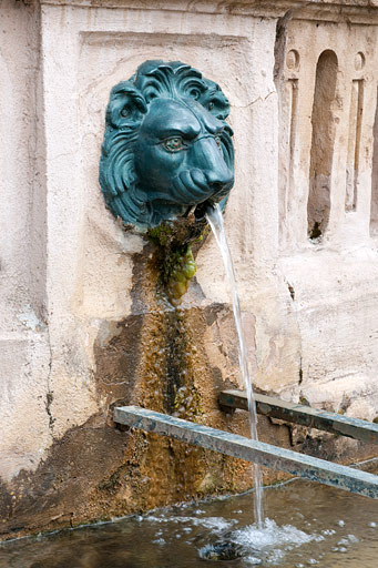 Tête de lion ornant la borne fontaine, vue de trois quart. © Jérôme Mongreville / Région Bourgogne-Franche-Comté, Inventaire du patrimoine - 2010